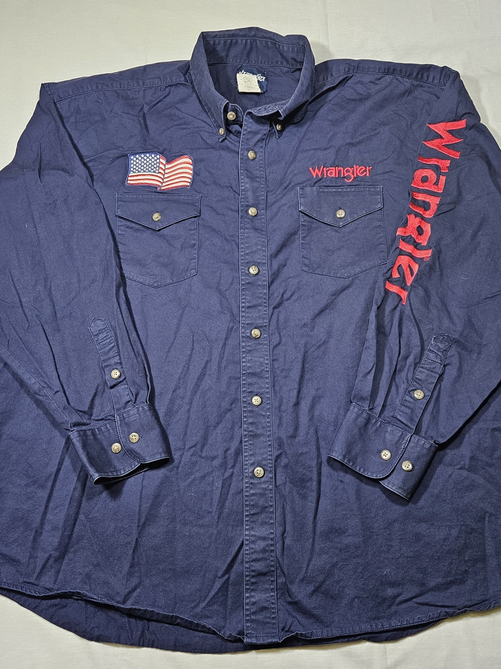 Wrangler Men's Navy Blue Western Shirt American Flag Sleeve Logo Large